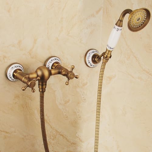 Mitigeur de douche à montage mural pour baignoire style rétro double levier doré antique b