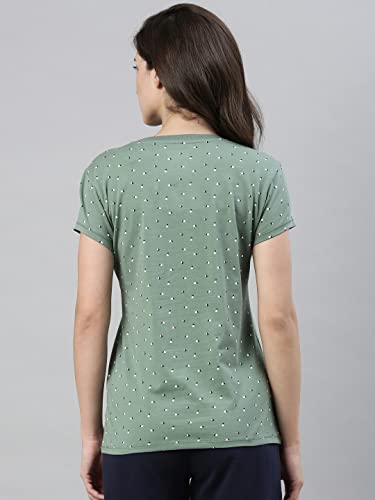 Image of Enamor Essentials Women's Slim Fit Regular Length Short Sleeve Crew Neck Comfortable and Stylish Breathable Stretch Cotton Tee - E247(E247-Fern Green Triangle Aop-L)