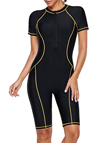 Aleumdr Womens Zip Front Color Blocked Printed Short Sleeve One Piece Swimsuit Rash Guard Swimwear Black Medium 8 10