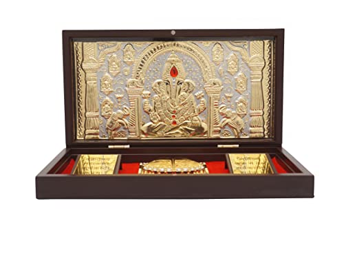 Image of Idolkart Ganesh Pocket Temple 24 Karat Gold Coated - Ganeshji Photo Frame, Gift, Vinayaka Photo, Ganesh Charan Paduka for Wealth, Prosperity and Vastu Benefits - gift for diwali, occassions - 4x8 Inch
