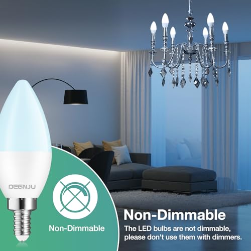 Image of DEGNJU 20 Pack Chandelier Light Bulbs 60 Watt Equivalent, Candelabra LED Light Bulbs, E12 LED Bulb Daylight 5000K, Type b Light Bulb 5.5W, Candelabra Base, 120V, B11 Candle Light Bulb, Non-Dimmable
