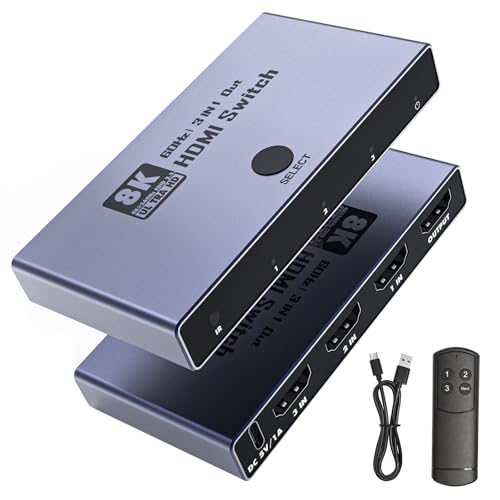 HDMI 2.1 Switch 3 in 1 Out 8K@60Hz 4K@240Hz/120Hz 48Gbps HDMI Switcher with Remote & Detection-Switching VRR HDR10+ Dolby Vision/Atmos CEC HDCP2.3 Aluminum Alloy HDMI Selector