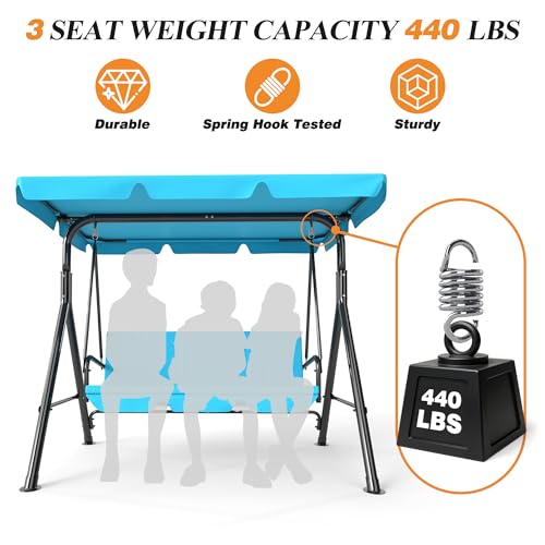 Image of GARTOO 3-Seat Patio Swing Chair, Outdoor Porch Swing with Adjustable Canopy and Durable Steel Frame for Patio, Garden, Poolside(Turquoise)