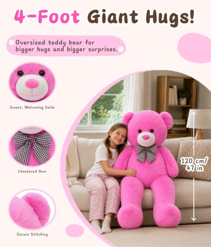 Image of MaoGoLan Giant Teddy Bear 4 Feet,Adorable and Cuddly Big Bear Stuffed Animal 47 inch, Classic Teddy Bear Plush Gift Decoration for Baby Shower,Party,Birthday,Valentines Day,Magenta