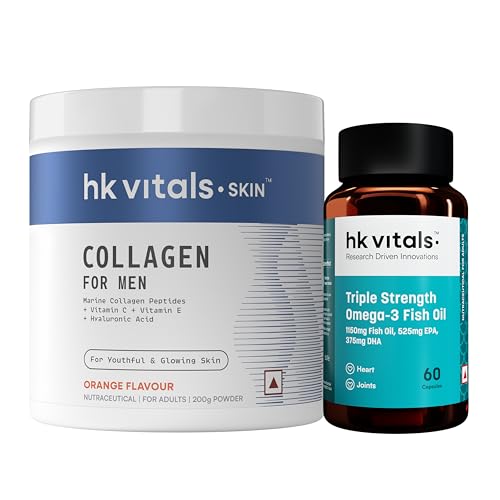 hk vitals Marine Collagen for Men Supplement (Orange, 200g) with Triple Strength Omega-3 Fish Oil Supplement (60 Capsules) | Vitamin C, E, Sodium Hyaluronate | For Youthful & Glowing Skin