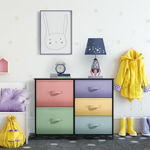 Sorbus Dresser with 5 Drawers - Furniture Storage Tower Unit for Bedroom, Hallway, Closet, Office Organization - Steel Frame, Wood Top, Easy Pull Fabric Bins (5-Drawer Dresser Chest, Pastel/Black)