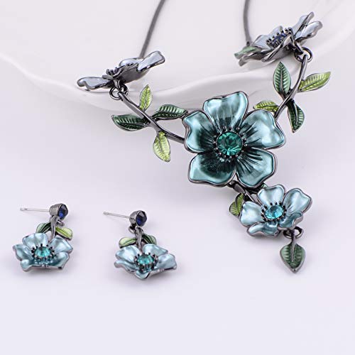 AMYJANE Women's Vintage Statement Jewelry Set - Spring Blue Flower Leaf Floral Bohemian Boho Statement Necklace Earring Set Fashion Plant Crystal Rhinestone Costume Jewelry Set for Prom Party - Thumbnail 3