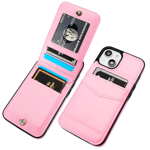 Image of KIHUWEY Compatible with iPhone 13 Case Wallet with Credit Card Holder, Premium Leather Magnetic Clasp Kickstand Heavy Duty Protective Cover for iPhone 13 6.1 inch (Pink)