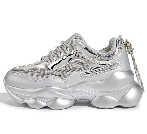 LUCKY STEP Women's 90s Chunky Sneakers Sparkly Bling Rhinestone Rope