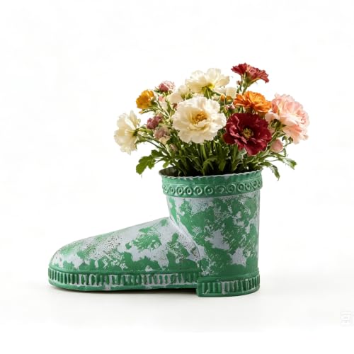 SOFE Rustic Boot Planter, Metal Decorative Flower Pots, Distressed Green