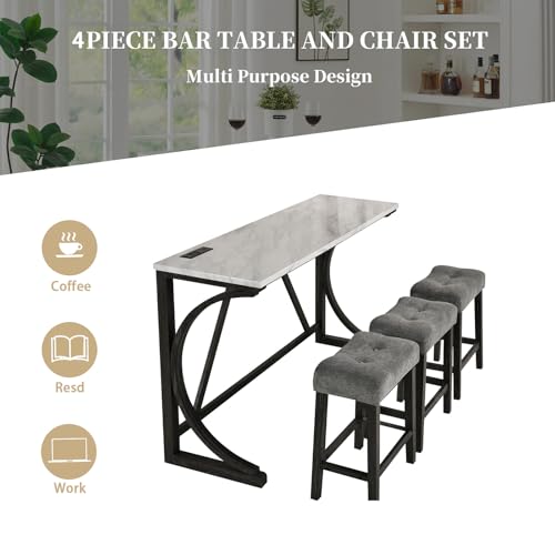 Image of 4-Piece Industrial Bar Table Set with Power Outlet, 3 Upholstered Stools for Kitchen, Game Room & Dining, Counter Height Pub Set (Grey 1+3)