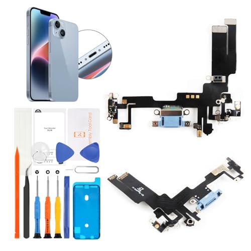 Olivechard for iPhone 14 Lightning Charging Port Replacement (Blue) USB Dock Connector Flex Cable Assembly Includes Waterproof Tape & Tool Kit for A2882, A2649, A2881, A2884, A2883
