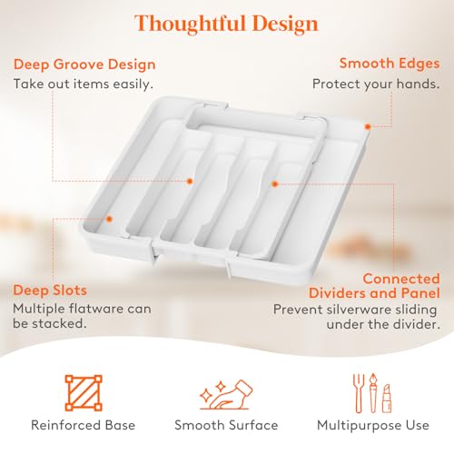 Lifewit Silverware Drawer Organizer, Expandable BPA Free Utensil Tray for Kitchen, Adjustable Flatware and Cutlery Holder for Spoons Forks Knives, Plastic Kitchen Organizers and Storage, White - 6