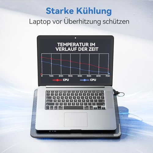 TECKNET Laptop Kühlpads, Laptop Kühler für 12-17 Zoll, Cooling Pad Notebook Cooler Ständer Kühlpad Kühlmatte, 2 USB-Ports, 3 Lüfter mit LEDs(Blau+Schwarz)