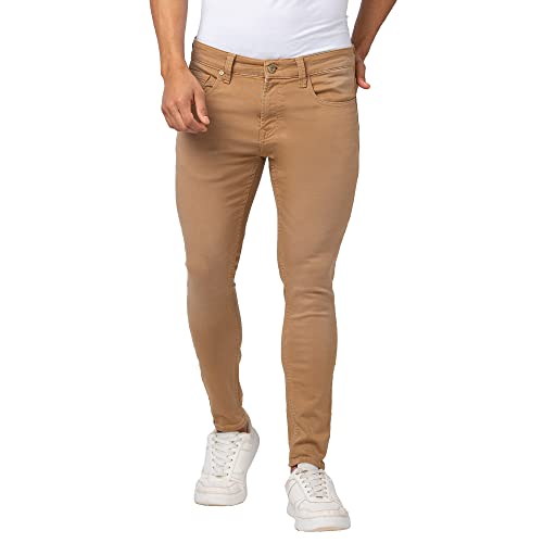 Image of Spykar Men Mid Rise Sand Cotton Stretch Slim Fit Tapered Length Jeans (Kano)