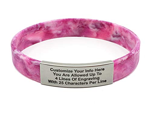 Waterproof Performance Pink CAMO Skinny Sport Fitness ID Bracelet Hypoallergenic Silicone with Free Engraving- Runners, Cyclist, Religious, Men, Women, Kids, Children, Fitness, Athletes3