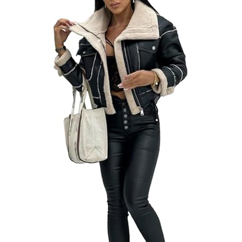 Sexyshine Women's Faux Shearing Moto Bomber Jacket Sherpa-Lined Coat Winter Aviator Leather Coat Outerwear(23744BL,M) Cover