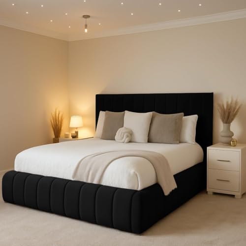 Image of LUXURY DELUXE Single Bedframe with 48" Headboard, Upholstered Soft Plush Velvet 3FT Single Black Bed Frame Wooden Slats - No Mattress - No Storage