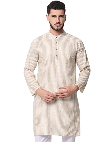 Image of Vastraa Fusion Men's Printed Kurta Pure Cotton Long Kurta, Round Collar, Full Sleeves, Button Kurta, Ethnic Wear