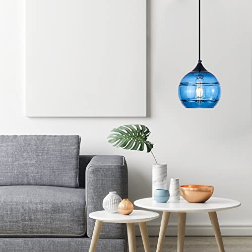 Blue Glass Pendant Light,Glass Round Shade Pendant Lighting Fixture For Kitchen Island, Sink, Counter, Bar, Dining Room, Matte Black Finish 1 Pacs #TOP6