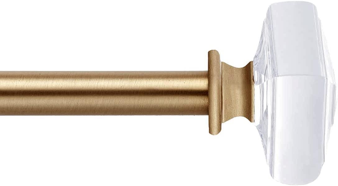 MODE Simplicity Collection 5/8" Diameter Curtain Rod Set with Clear Square Curtain Rod Finials and Steel Wall Mounted Adjustable Curtain Rod, Fits 32” to 90” Windows, Gold