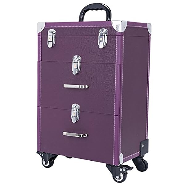 Warmiehomy 3 in 1 con serratura trucco trolley Rolling beauty nail custodia organizer portaoggetti con 2 cassetti Purple