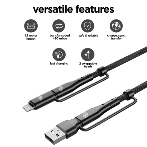 Image of Nu Republic Blaze Quad 100W 4-in-one 1.2 m USB-A to Type-C to Type-C + Type-L Fast Charge Braided Cable (Compatible with Mobile, Tablet, Laptop, Speakers, Black, One Cable)