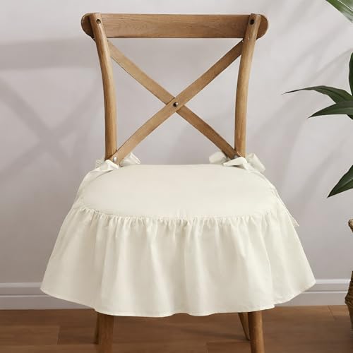 6 Pack Ruffle Chair Cushion Covers 17.5 x 17.5 Inch, Square Chair Pad Slipcovers with Ties, Decorative Ruffled Skirt Seat Covers for Dining Kitchen Chairs, Farmhouse Style, Covers Only, Ivory