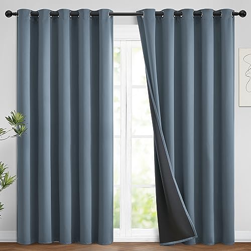 Image of Yakamok Stone Blue 100% Blackout Curtains 96 Inches Long 62 inch Wide 2 Panel | Blackout Curtain Panels for Bedroom, 2 Thick Layers Grommet Top Thermal Insulated Drapes with Black Liner for Living Room