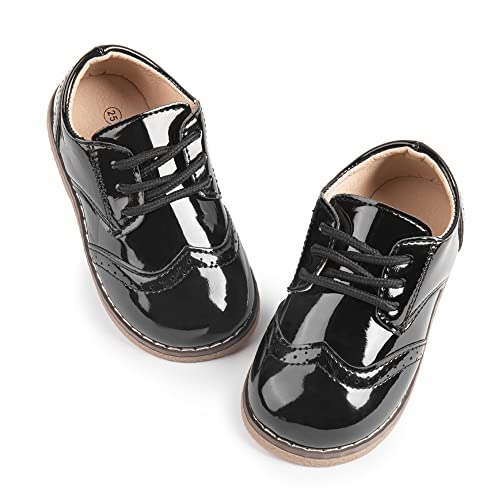 Image of Meckior Toddler Boys Girls Dress Shoes Little Kid Oxford Shoes Wedding Church Dress Shoes PU Leather Lace Up School Uniform Loafer Flats