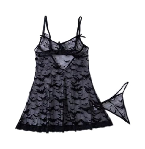 Womens Gothic Bat Pattern Sheer Lingerie Set Black Lace Trim Babydoll Nightgown with Matching Thong (XL)