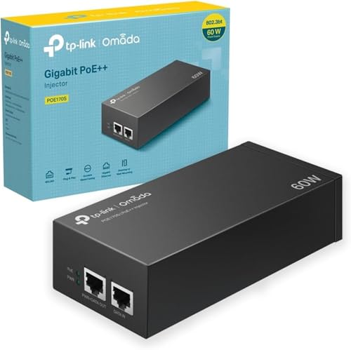 TP-Link POE170S PoE++ Injector IEEE 802.3af/at/bt 2× Gigabit Ports PoE Injector Non-PoE to PoE Adapter Supplies Up to 60W Plug & Play Desktop/Wall-Mount Distance Up to 100m Metal Case