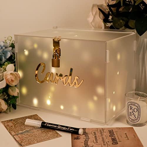 OurWarm Frosted Acrylic Wedding Card Box with Lock, DIY Gift Card Box for Wedding Reception with String Light and Pen, Wedding Envelope Money Card Box for Party Graduation Baby Shower Birthday Decorations