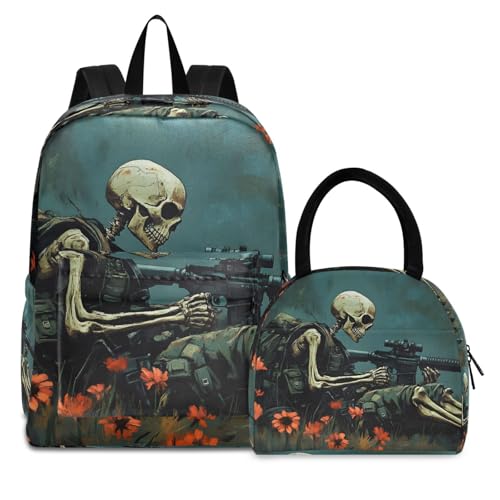 Backpack Lunch Bag Set Soldier Skull Print, Big Storage Travel Backpacks with Insulated Lunch Box for Office Hiking Picnic