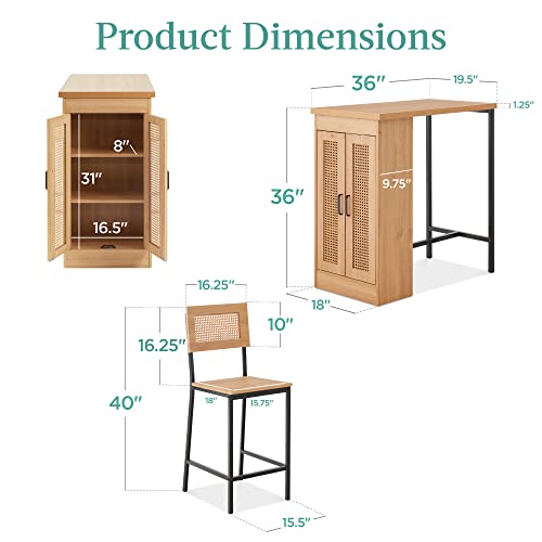 Best Choice Products 3-Piece Rattan Dining Set, Counter Height Boho Dining Table For Kitchen For 2, Dining Room W/Adjustable Storage Shelves, Cabinet Doors, Metal Frames #TOP6