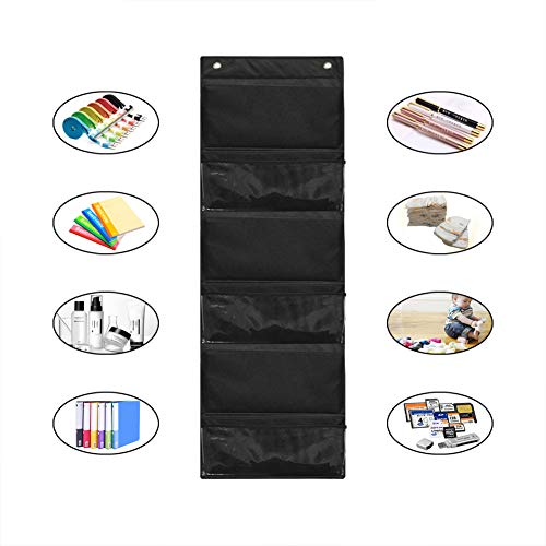 Eamay Hanging File Organizer Wall Mount Storage Pocket Chart, Over The Door Office Supplies Pocket Chart for Classroom, School, Home Use - 2 Over Door Hanger Included (Black)