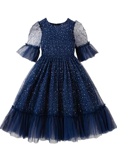 New Girls 3-11Y Navy Sparkly Mesh Dress Ruffle Sleeve Party Dress Back Zip