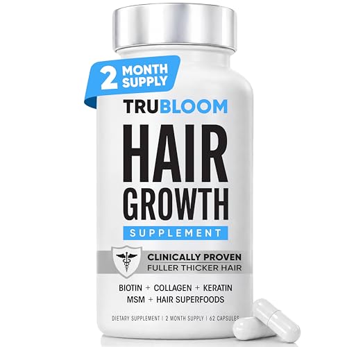 TRU BLOOM Hair Growth Vitamins - Clinically Proven & Dermatologist-Tested to Grow Fuller & Thicker Hair | Drug-Free Hair Growth Products with Biotin, Collagen, Keratin, MSM, Zinc & D3-2 Month Supply