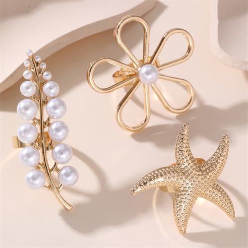 Wiwpar 3PCS Boho Golden Big Flower Floral Statement Ring Pearl Leaf Ring Starfish Ring Adjustable Open Wrap Band Ring Party Prom Ring for Women Wedding Brides (Silver)3