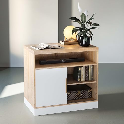 ModernMate Modern Light Walnut Wood Accent Cabinet with Sliding Door, Adjustable Open Shelves & Gold Handle Storage Cabinet for Home Office, 31”W×20”D×29”H