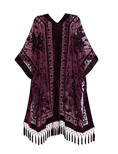 MJ SERECA Women's Burnout Velvet Kimono Long Cardigan Cover Up with Tassel2