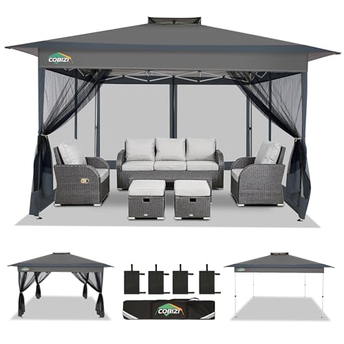 Image of COBIZI 13x13 FT Pop up Gazebo on Clearance - Outdoor pop up Canopy Tent,carpas para Patio, Shelter - Screen Tents with Portable Carry Bag, Patio Gazebos for Camping,Garden,Deck,Backyard,Darkgrey