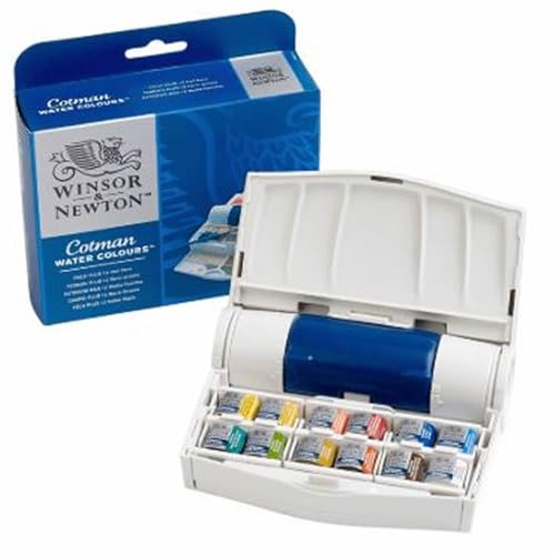 Winsor & Newton Cotman Watercolor Paint Set, Field Travel Set, 12 Half Pan w/ Brush, Mixing Palette, Bottle