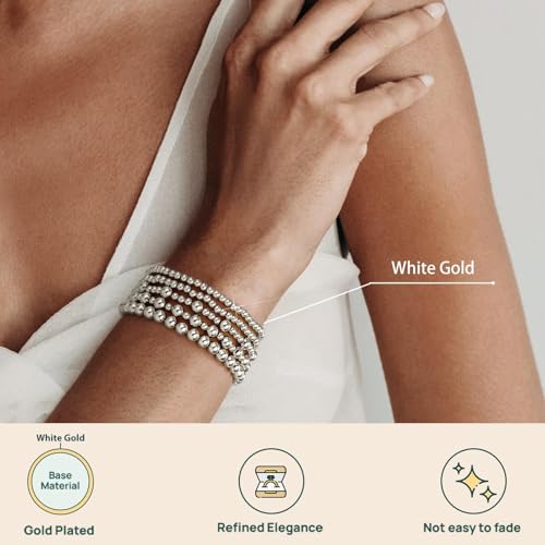 adoyi Silver Bracelets for Women, 14K Gold Plated Beaded Strand Bead Ball Bracelets stack Set Adjustable Stackable Bracelet Sets Jewelry for Womens Gifts — view 3