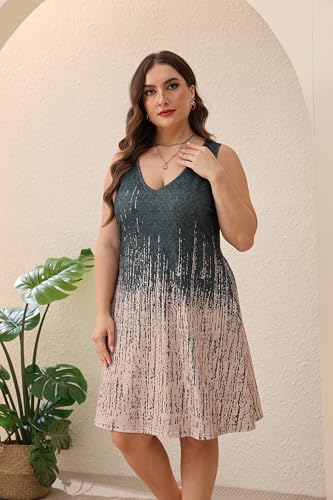 Image of Women Plus Size V Neck Sleeveless Floral Print Pocket T Shirt Dresses Casual Midi Tank Dress Beach Cover up Sundress (XL-5X)