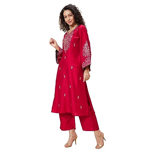 Image of Globus Women Red Embroidered V-Neck Yoke Gota Patti Flared Sleeves Festive A-Line Kurta Set with Trouser-3638464001