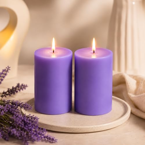 Image of AuraDecor Lavender Scented Pillar Candles Set of 2 | 25 Hours Burn Time | Essential Oil | Smokeless & Long Clear Burn | Paraffin Wax | Aromatherapy Candles for Home Decor, Relaxation & Gifting