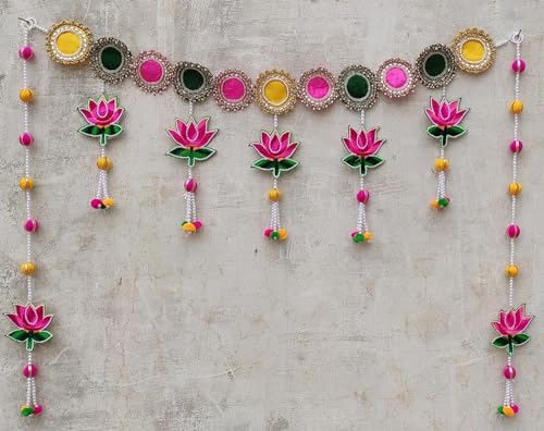 Image of Nutts Traditional Handmade Velvet Lotus Bandhanwar with Decorative Gota Balls Decor Item for Home Decorations, Festival Decorations (BDHW11)