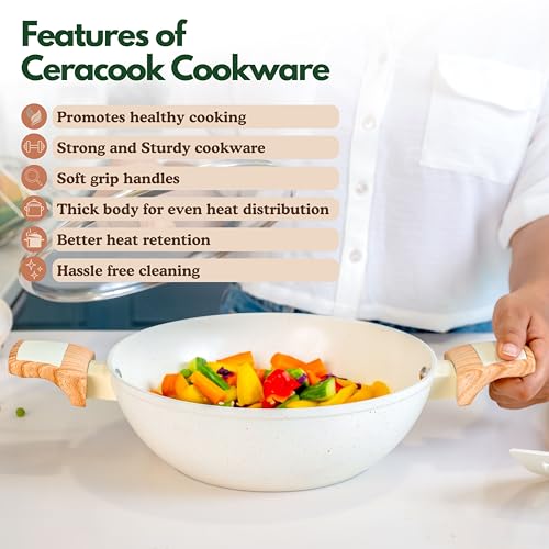 Image of Kreme Ceracook Ceramic Coated Granite Kadai 3.2L /26cm with Glass Lid, Deep Frying Kadhai, ISI Certified, Forged Aluminium, Gas & Induction Use, Non Toxic PFAS & PTFE Free, 1 Yr Warranty, Ivory