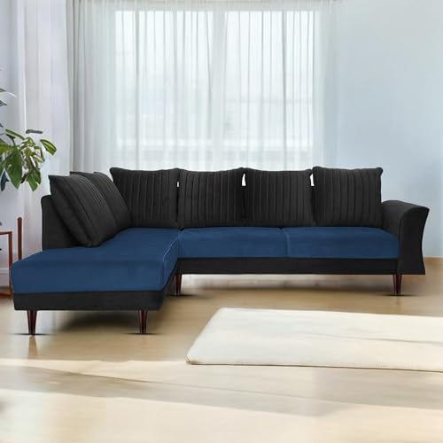 Image of Gratly LHS 4 Seater L Shape Sofa Set for Living Room (Blue Black Colour) Premium Fabric Sofa